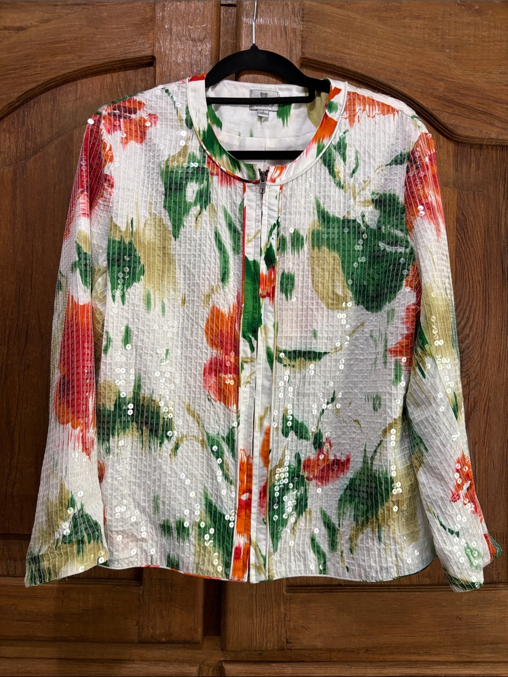 Chico's White Floral Sequin Zip Jacket with Green and Orange Print